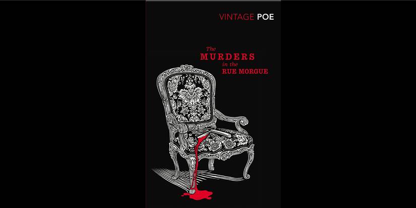 The UK cover for Edgar Allan Poe's The Murders in the Rue Morgue, with a decorative chair dripping red
