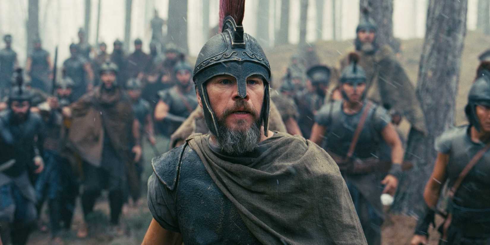 Matt Damon as Odysseus before a battle scene in The Odyssey (2026)