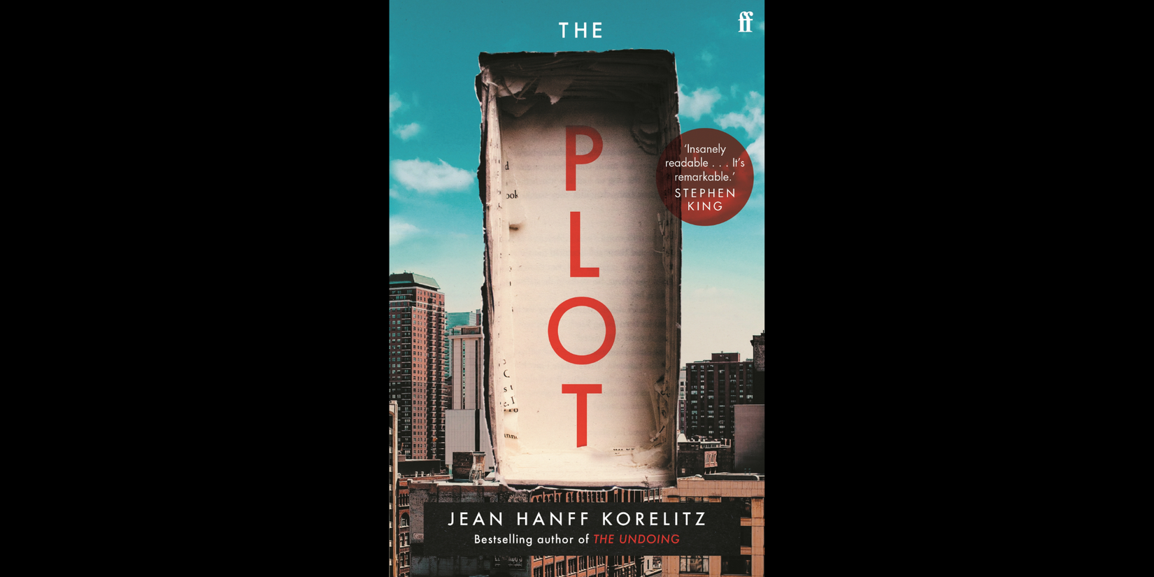Book cover of The Plot by Jean Hanff Korelitz, showing a city skyline behind a giant torn book page displaying the title in tall red letters against a blue sky.