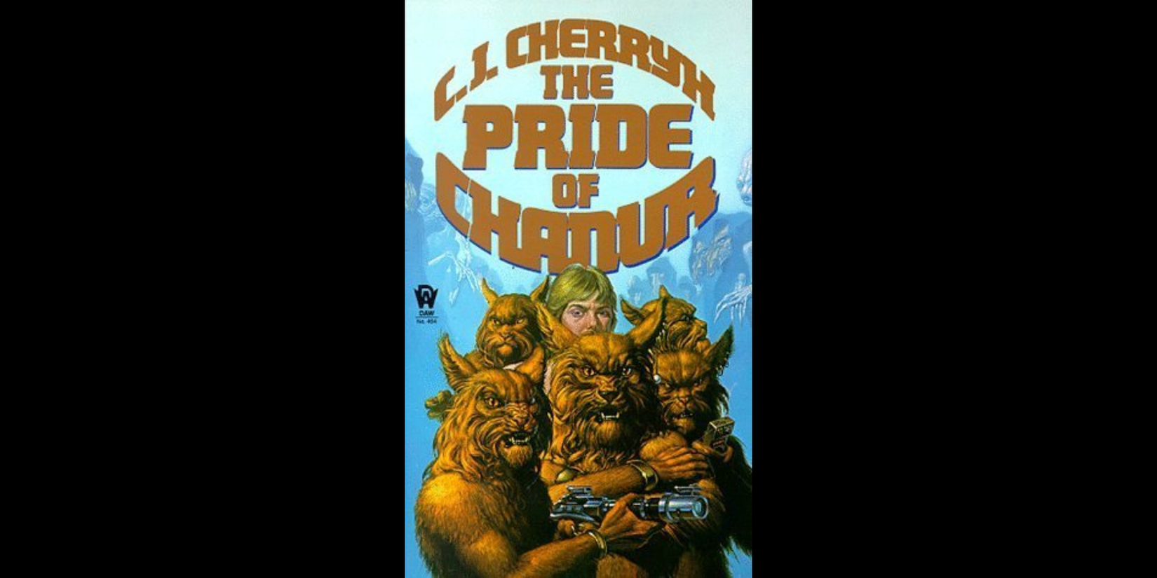 Book cover of C. J. Cherryh's The Pride of Chanur, showing lion-like alien characters gathered around a human against a blue space backdrop.