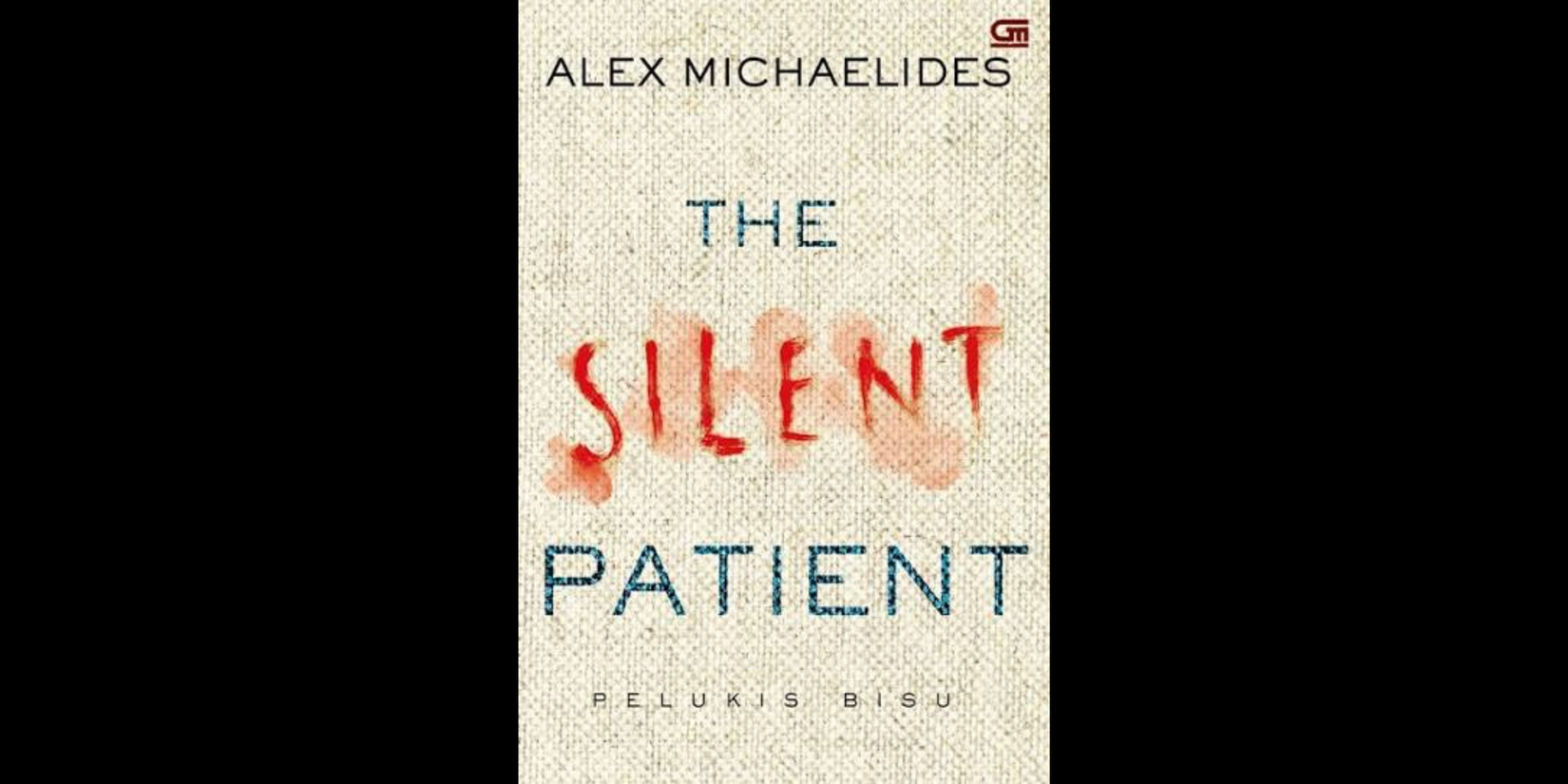 Book cover of The Silent Patient by Alex Michaelides, featuring the title in blue and red lettering on a textured cream background with a faint red handprint behind the word "Silent."