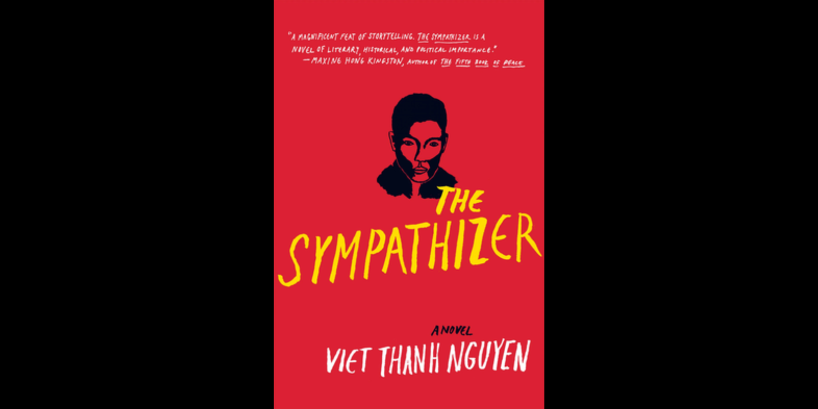 Book cover of The Sympathizer by Viet Thanh Nguyen, featuring a bright red background with a stylized black-and-red portrait above the title in large yellow handwritten-style text.