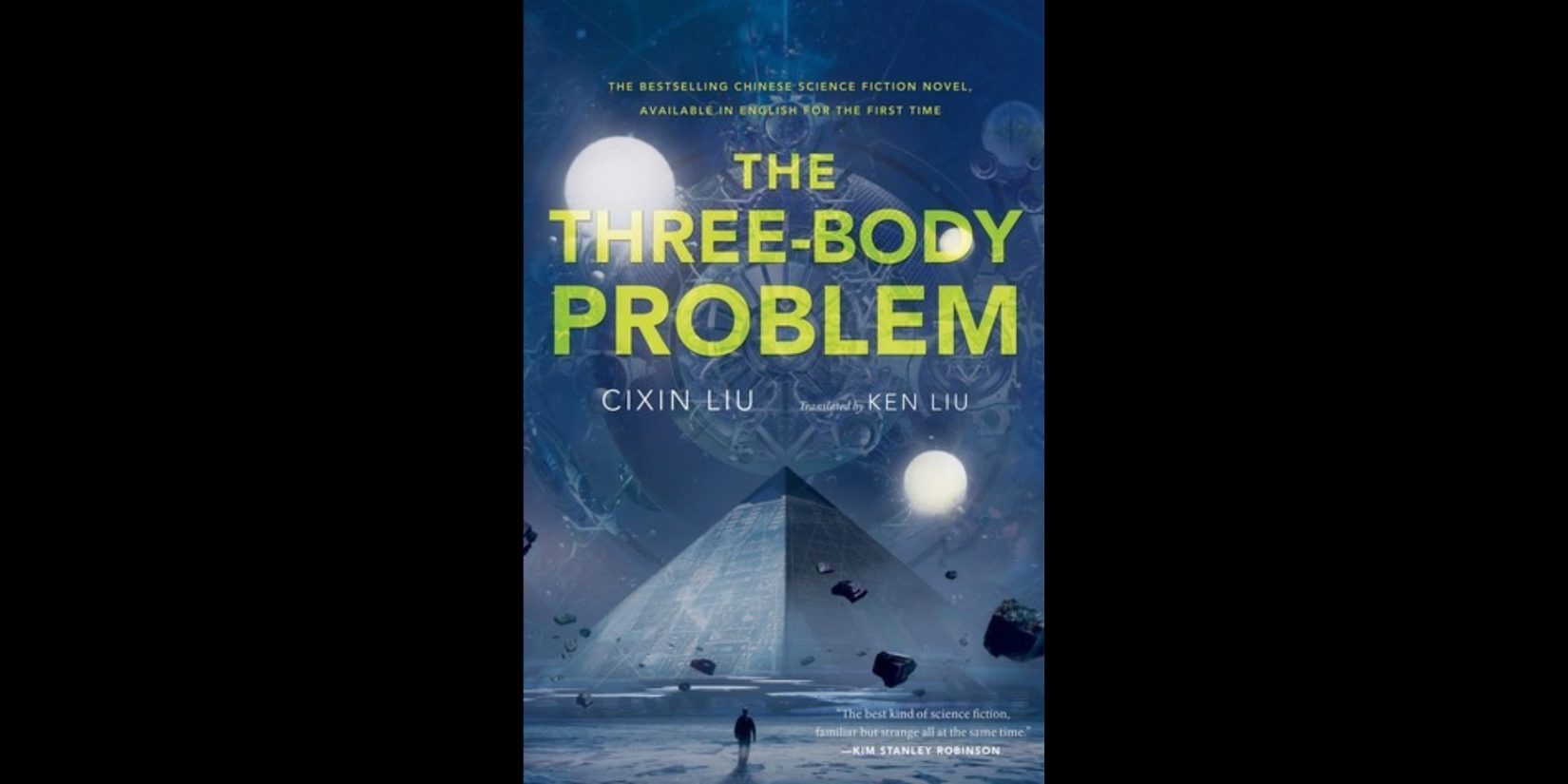 Book cover of Liu Cixin's The Three-Body Problem, depicting a futuristic pyramid beneath multiple suns and a star-filled sky.
