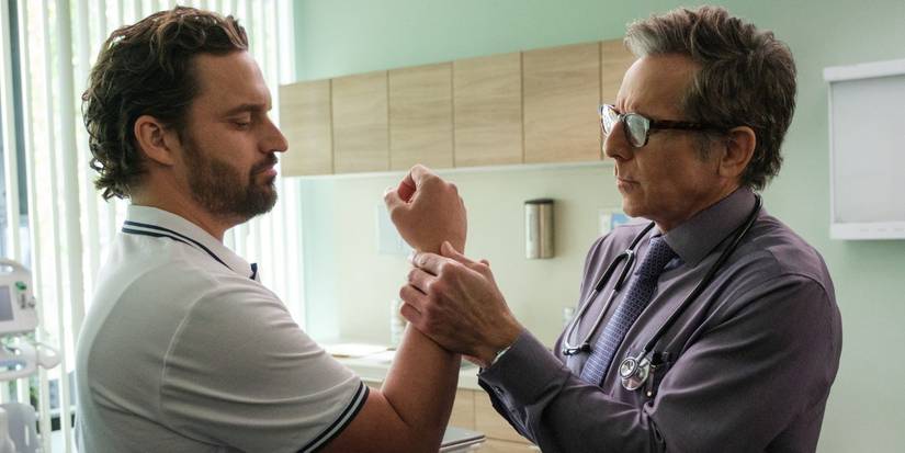 Ben Stiller's Dr. Stone examining Jake Johnson's Dusty in The Dink.