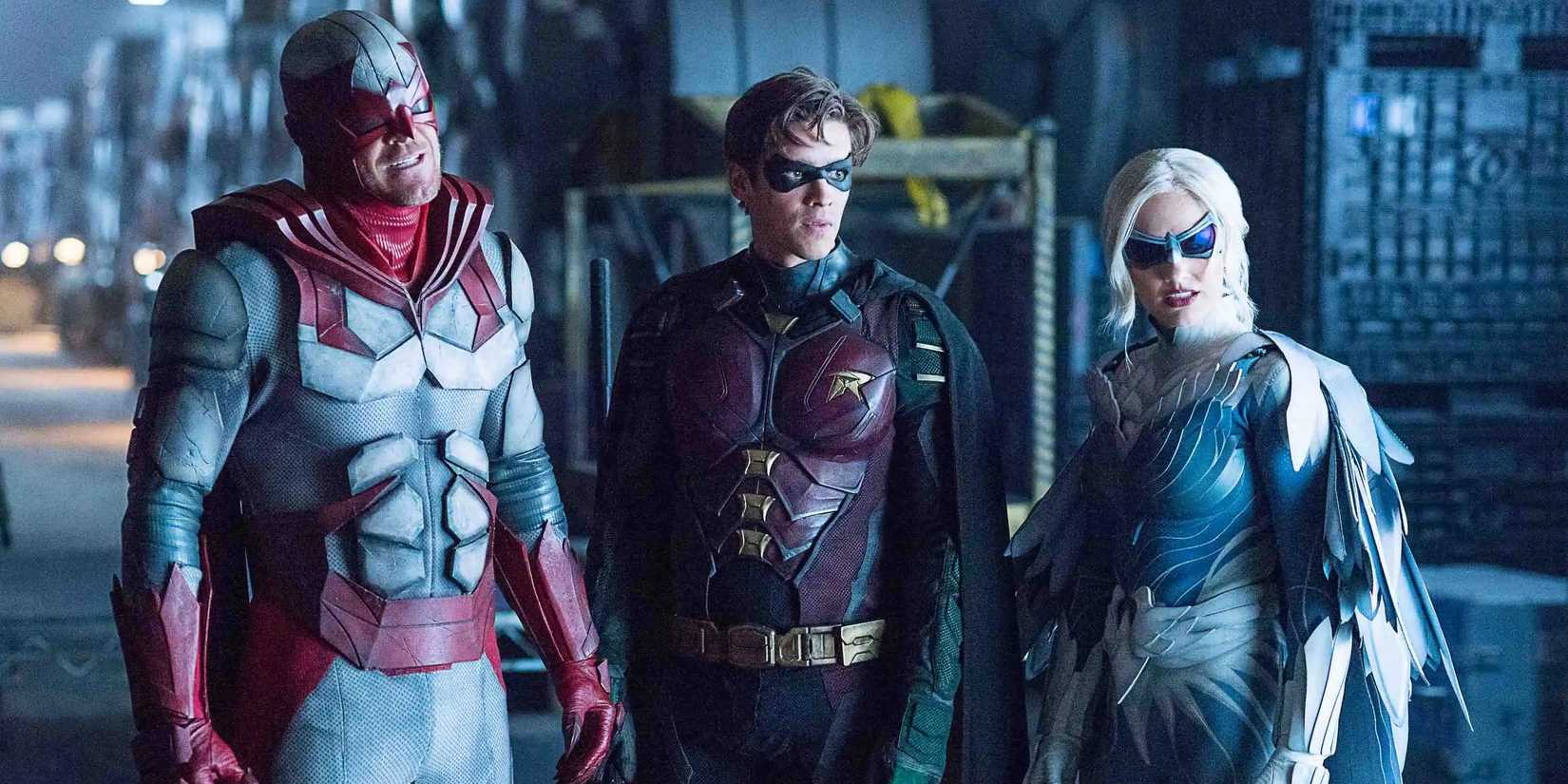 Alan Ritchson as Hank Hall, Minka Kelly as Dawn Granger, and Brenton Thwaites as Dick Grayson in an episode of Titans.
