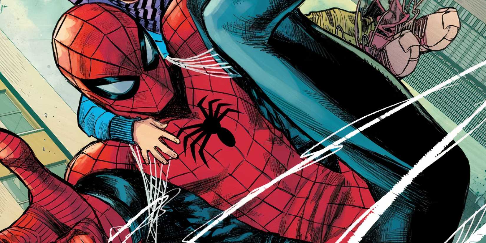Ultimate Spider-Man swinging with Mayday Parker on his back in Marvel Comics