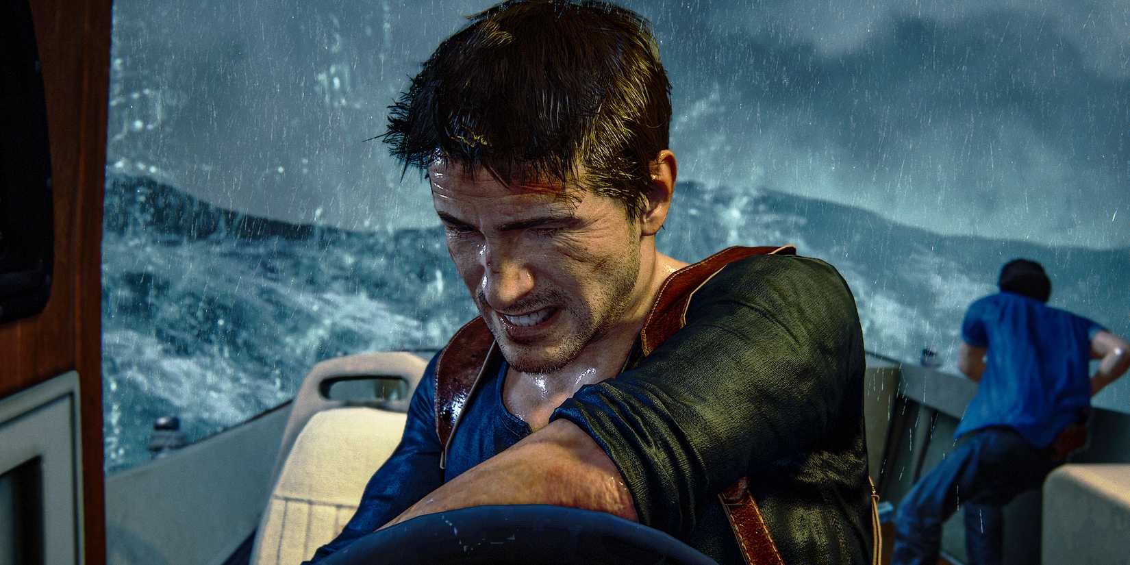 Nathan Drake struggling behind a ship's wheel under a storm in Uncharted-4--A-Thief's-End