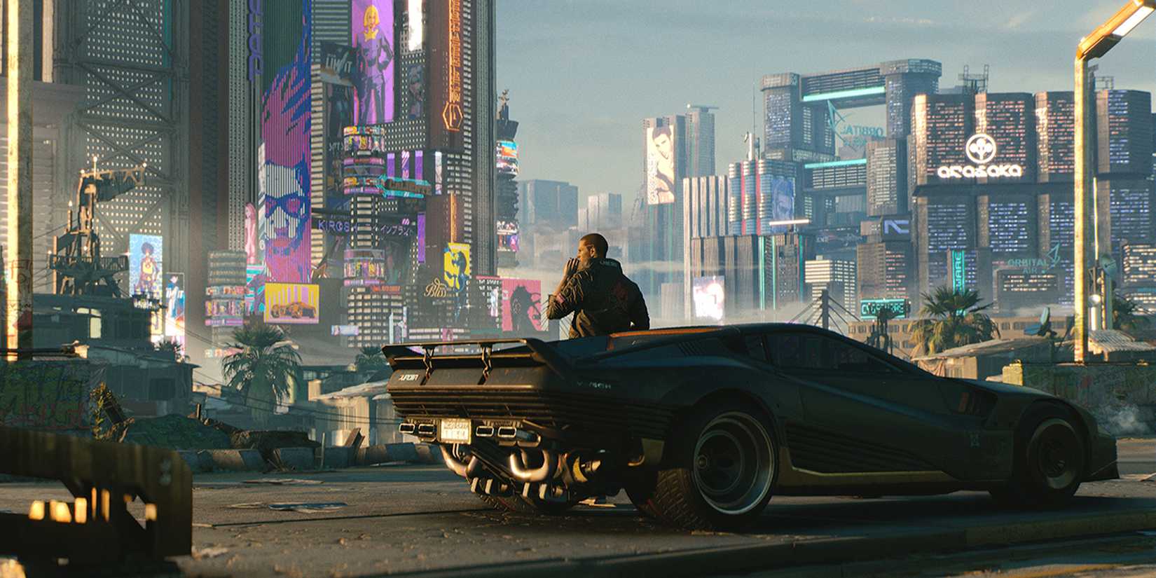 V leaning against his car in Cyberpunk 2077
