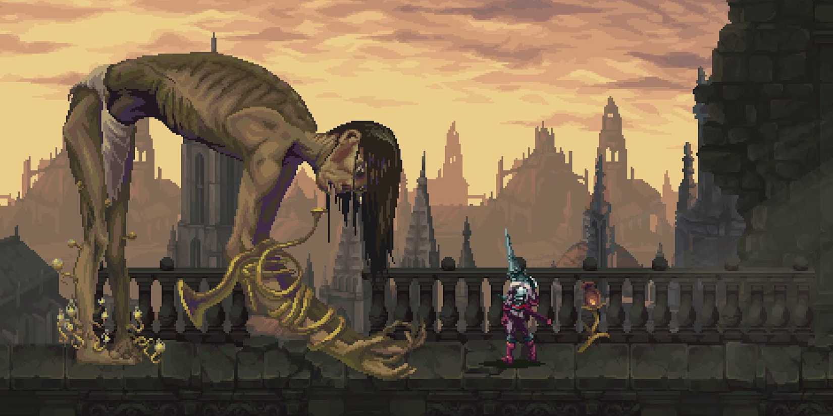 Warrior standing next to giant in 'Blasphemous'