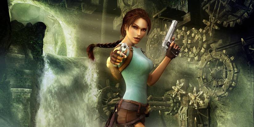 Lara Croft holding dual pistols in a temple waterfall area from Tomb Raider: Anniversary