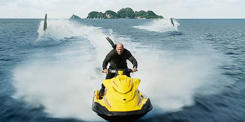 Jason Statham battles megalodons from a jetski in "Meg 2: The Trench."