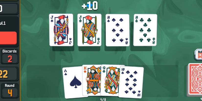 A hand of playing cards being used in a round of 'Balatro'