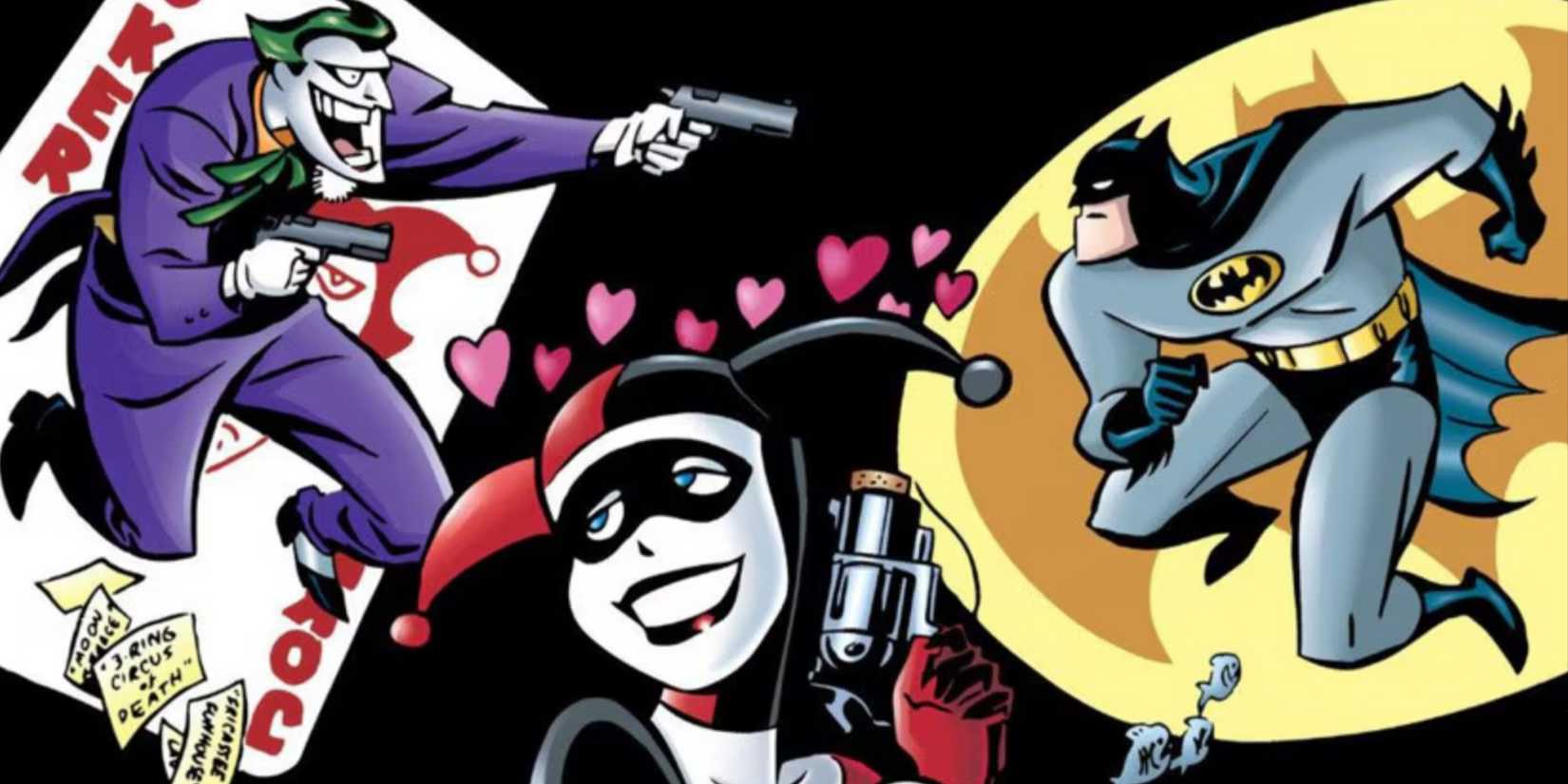 Batman battles the Joker with Harley Quinn in the foreground on the cover for 'Batman: Mad Love and Other Stories'