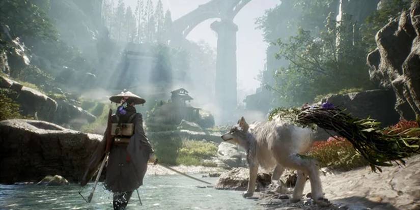 A samurai and a wolf in a forest in Beast of Reincarnation
