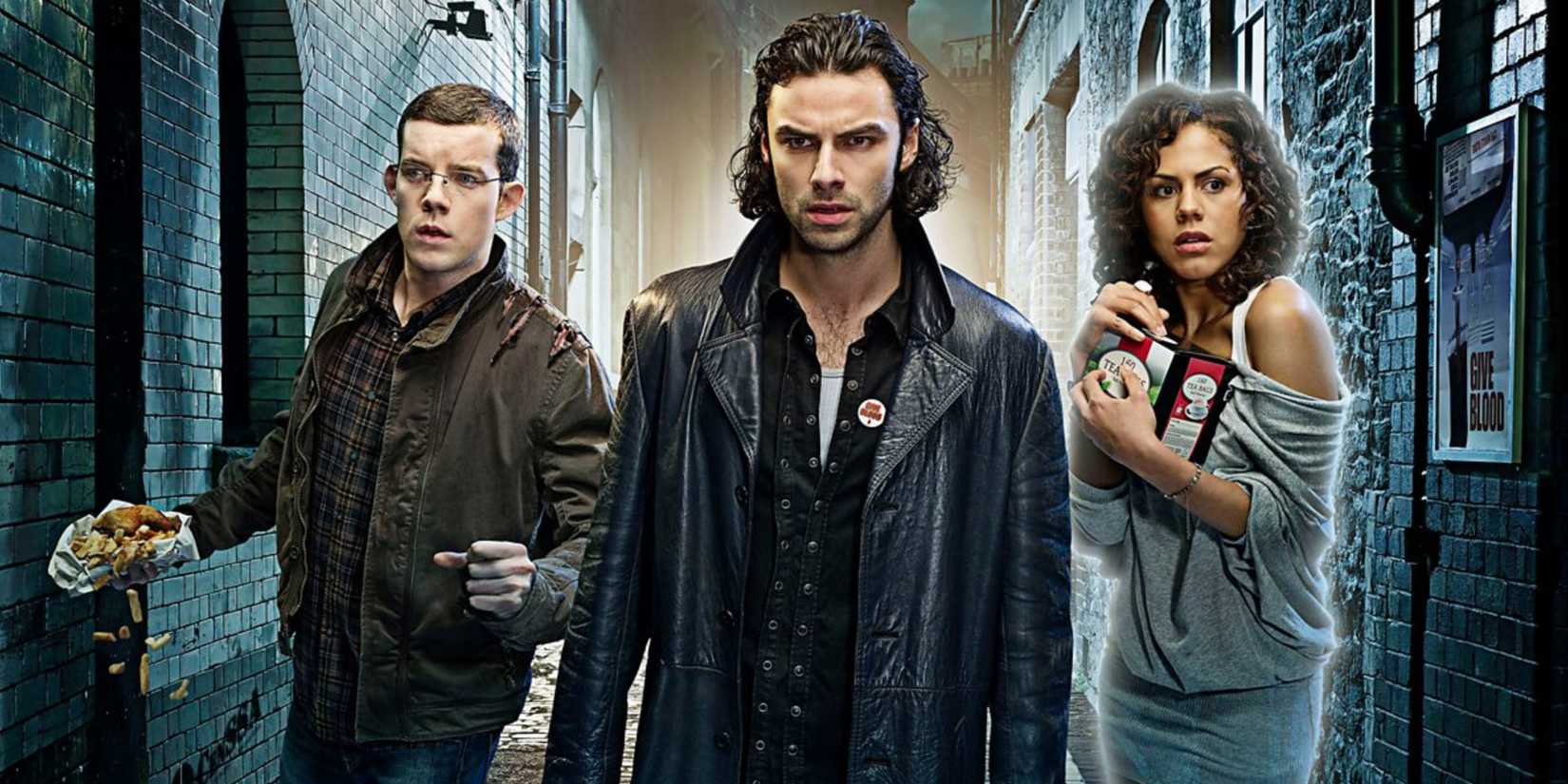 Russell Tovey as George Sands, Lenora Crichlow as Annie Sawyer, and Aidan Turner as John Mitchell in Being Human.