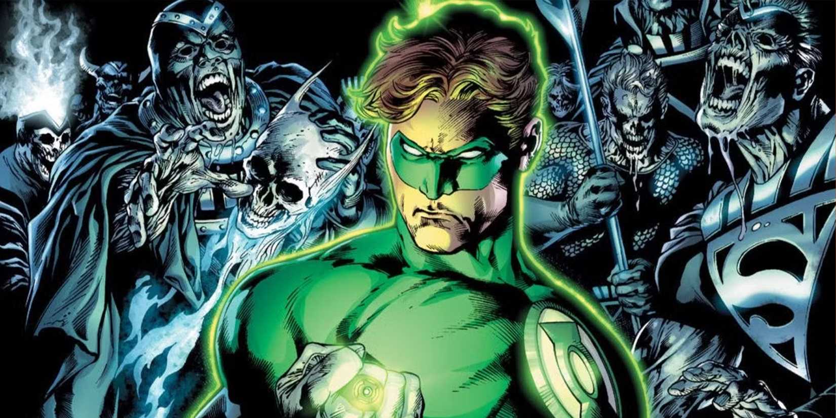 Green Lantern (Hal Jordan) surrounded by Black Hand and the Black Lantern Corps in 'Blackest Night'