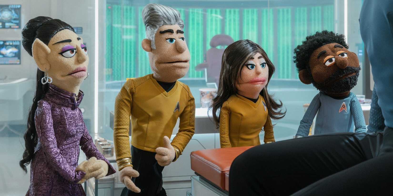 (L-R): Gia Sandhu as T'Pring, Anson Mount as Captain Pike, Rebecca Romijn as Una, Babs Olusanmokun as Dr. M’Benga, and Ethan Peck as Spock in season 4, episode 5, of Star Trek: Strange New Worlds streaming on Paramount+, 2026. Photo Credit: Jan Thijs/Paramount+