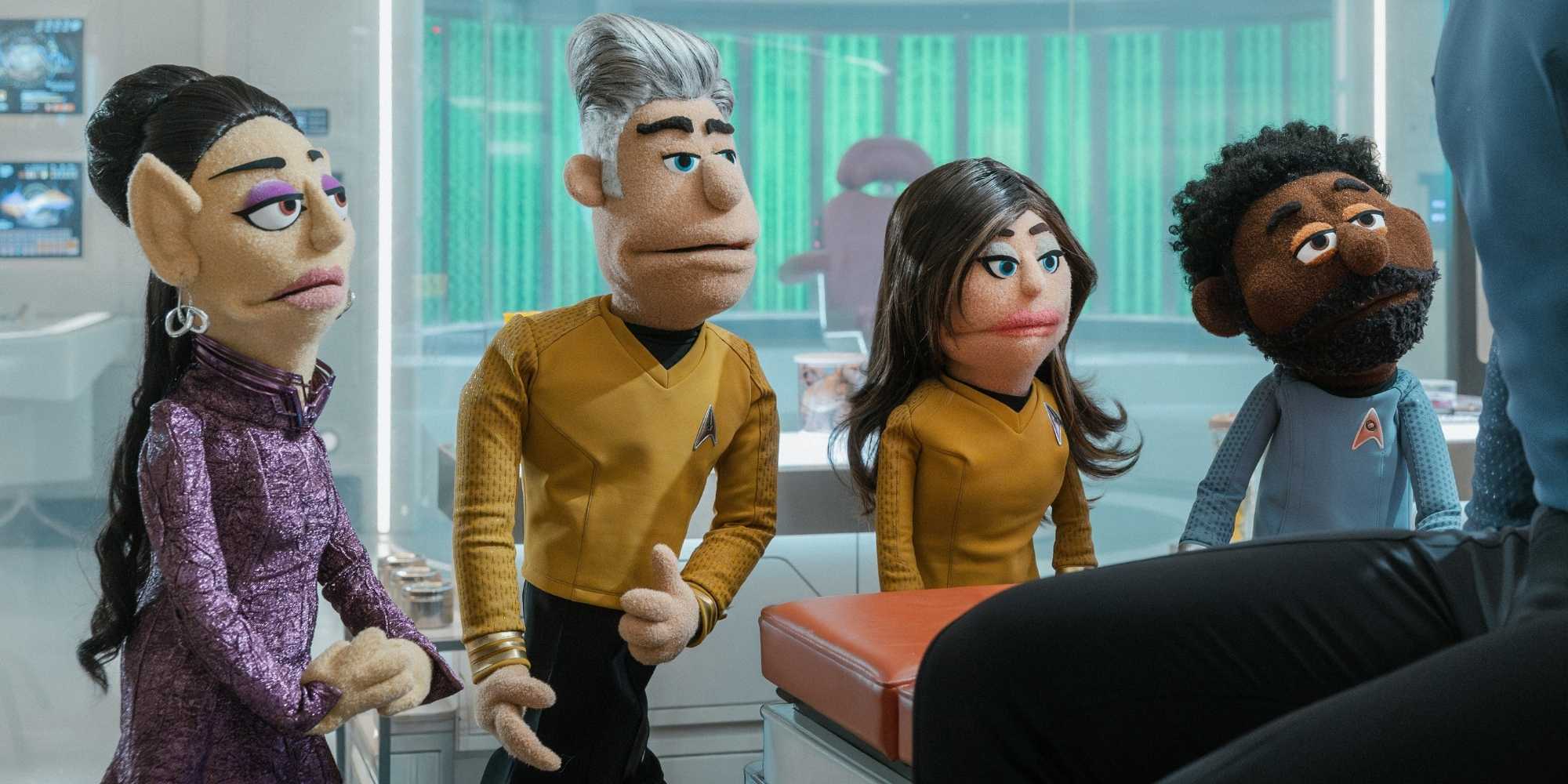 (L-R): Gia Sandhu as T'Pring, Anson Mount as Captain Pike, Rebecca Romijn as Una, Babs Olusanmokun as Dr. M’Benga, and Ethan Peck as Spock in season 4, episode 5, of Star Trek: Strange New Worlds streaming on Paramount+, 2026. Photo Credit: Jan Thijs/Paramount+