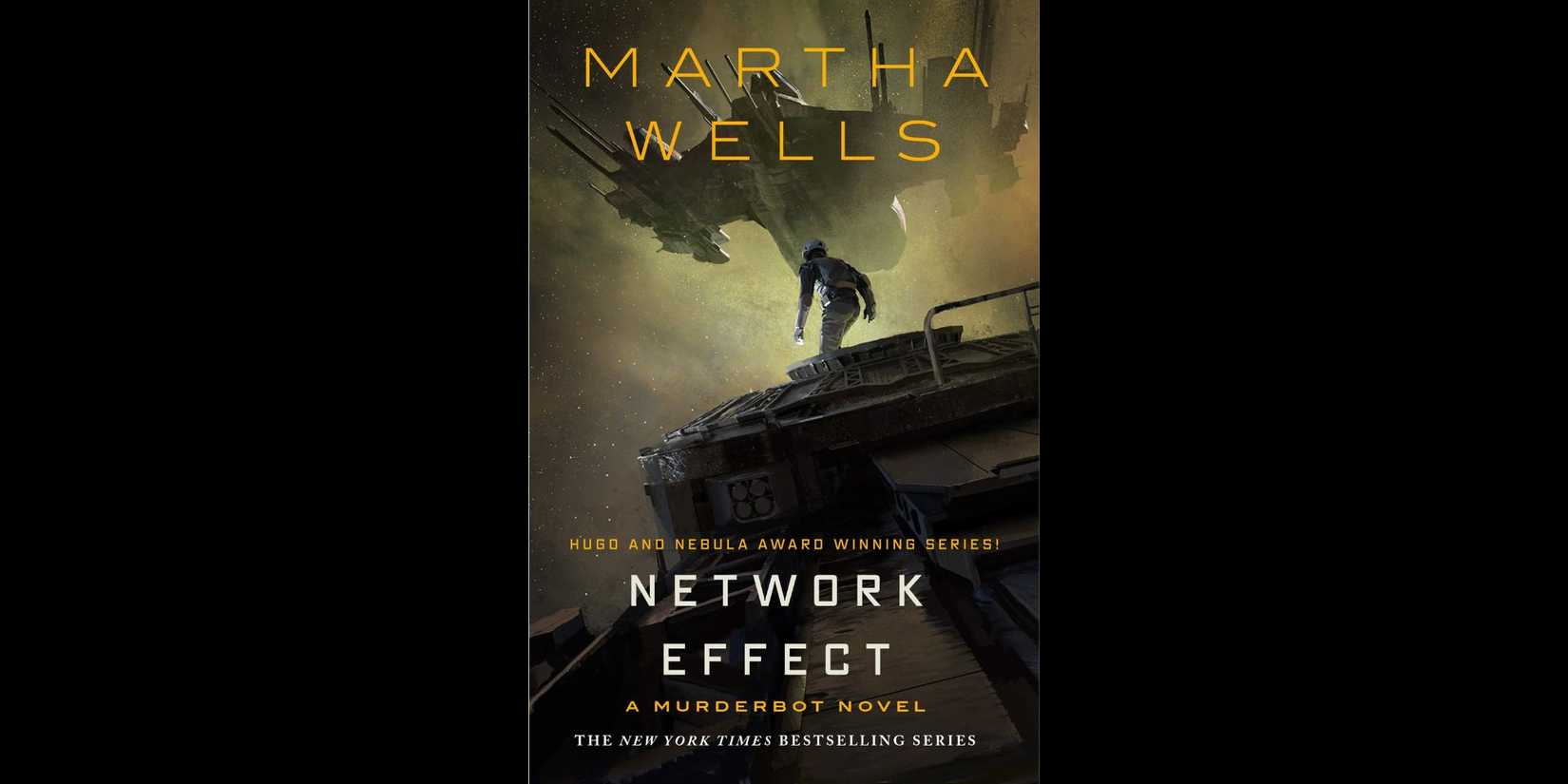 Murderbot on a spaceship in the cover of 'Network Effect' by Martha Wells