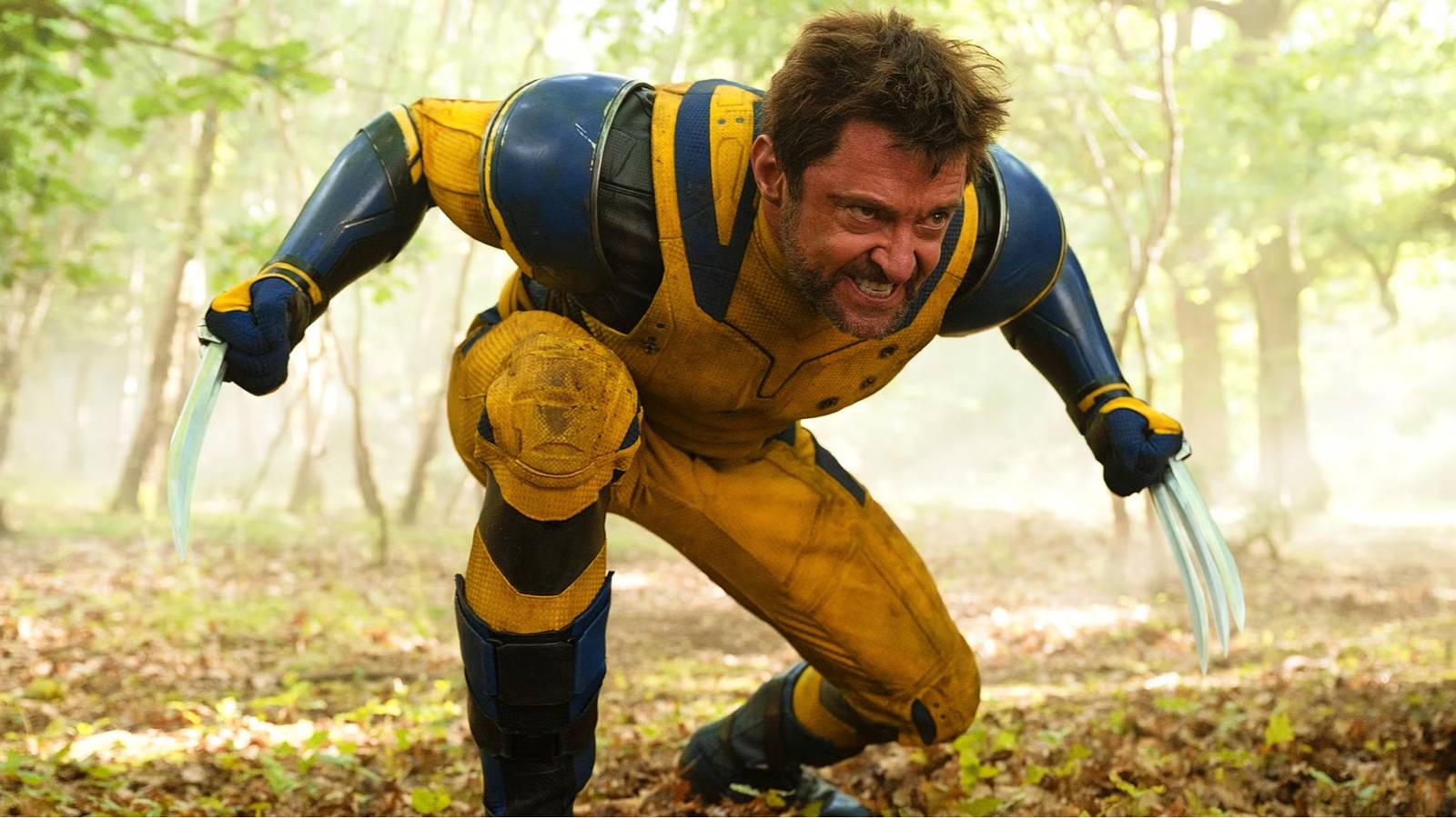 Hugh Jackman crouched down with his claws drawn in Deadpool and Wolverine