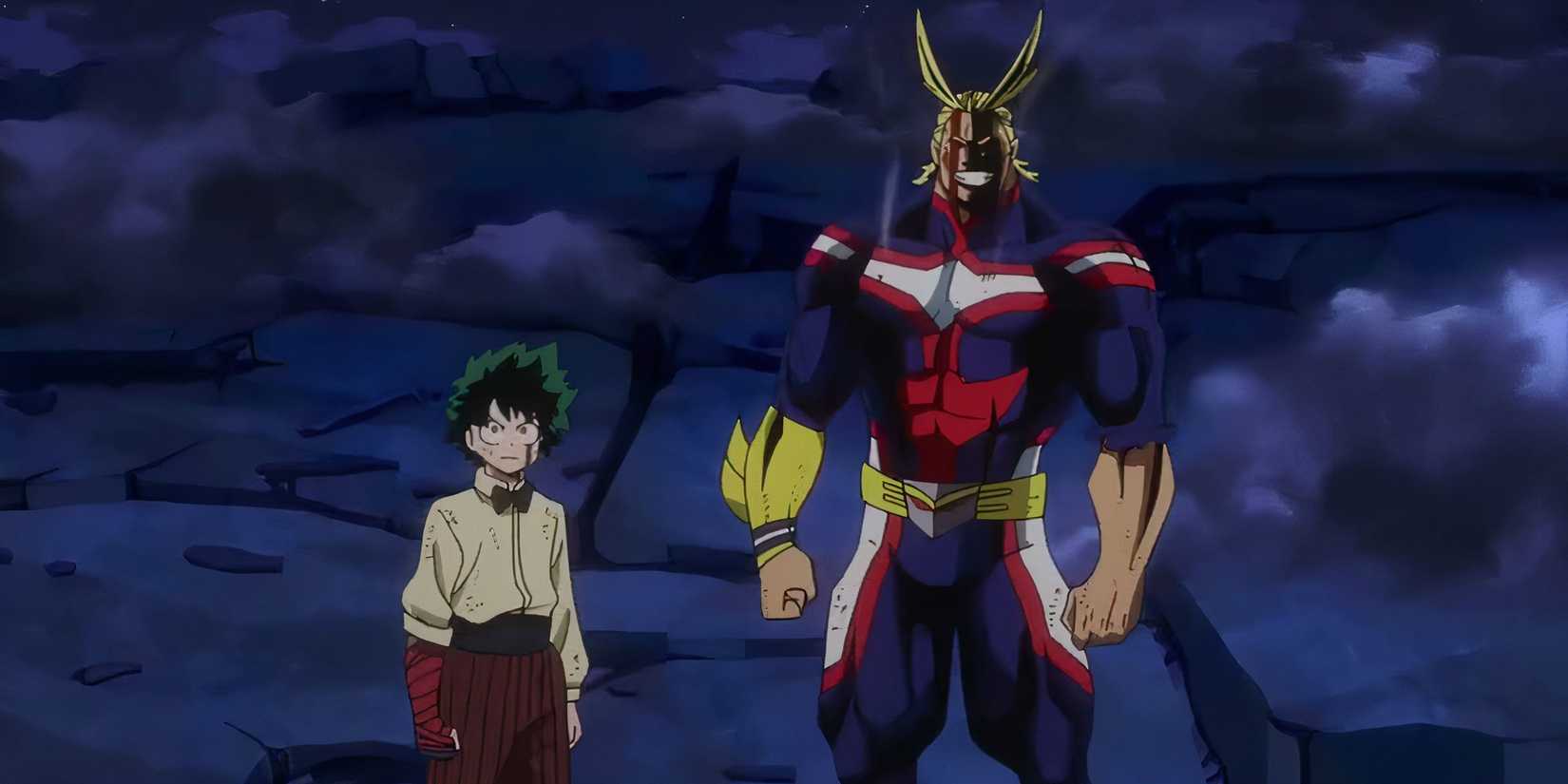 Deku and All Might standing together, damaged, in My Hero Academia: Two Heroes