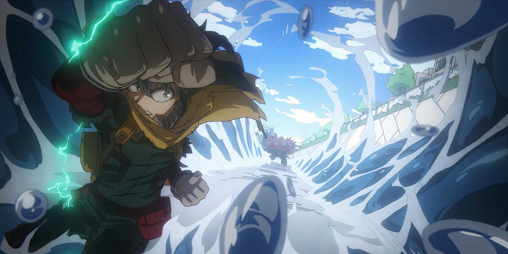Deku punching through Muscular and water in My Hero Academia