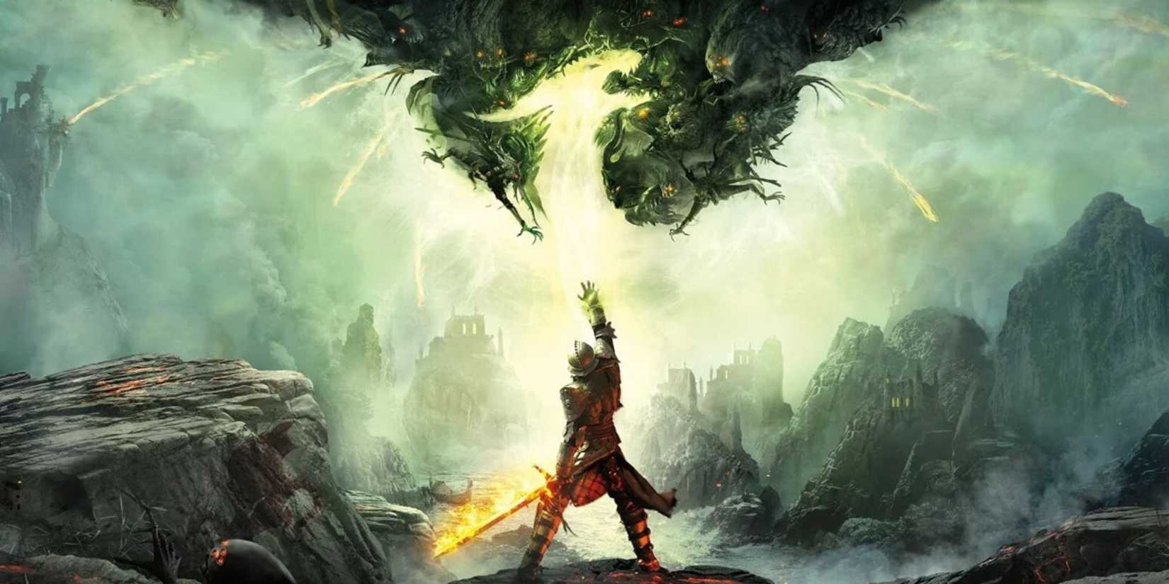 Key art of Dragon-Age-Inquisition showing the Inquisitor with their back to the camera raising their right arm
