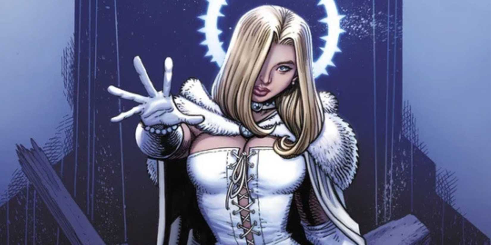 Emma Frost raising her open hand in Marvel Comics