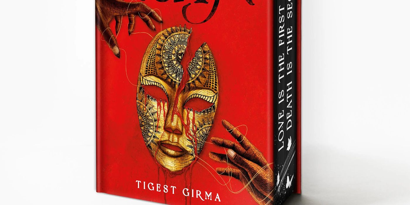 Two hands on opposite sides reaching for a golden mask on the cover of Eternal Ruin