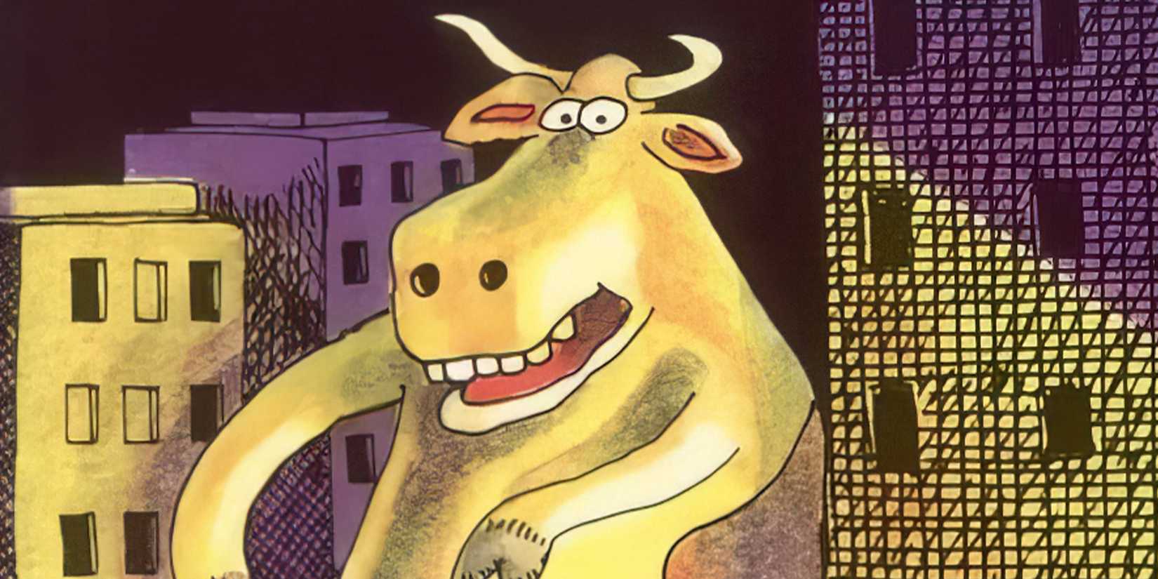 A cow towering amongst skyscrapers in The Far Side