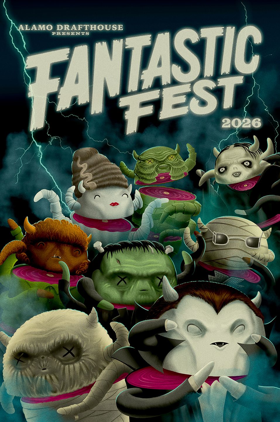 A bunch of little depictions of classic horror movie monsters together on the poster for Fantastic Fest