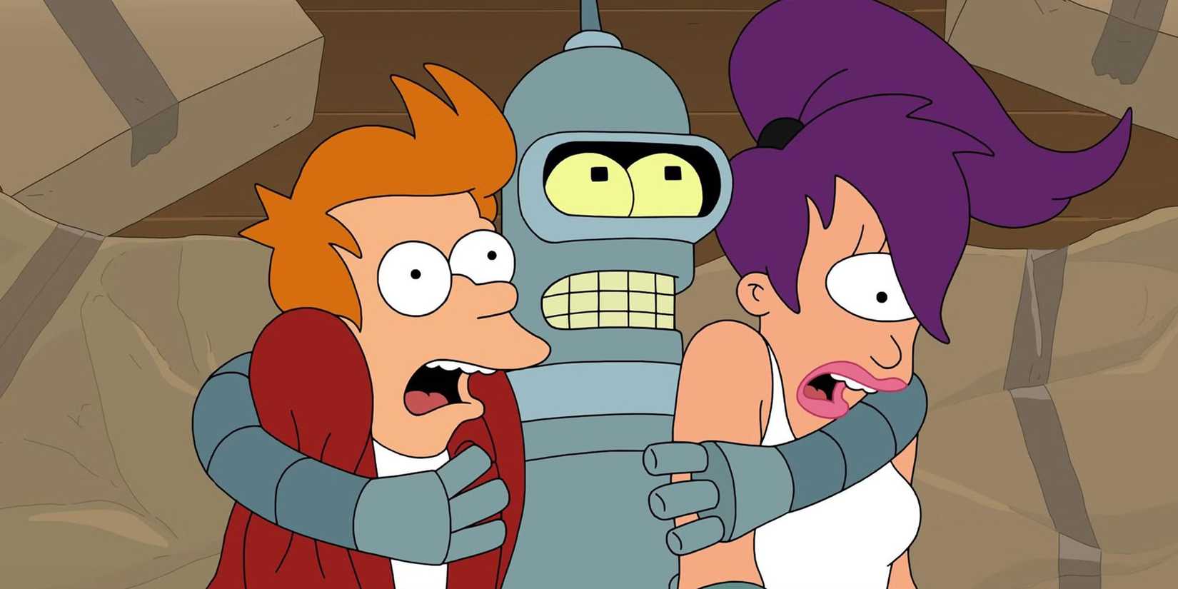 Bender hugging Fry and Leela in 'Futurama'