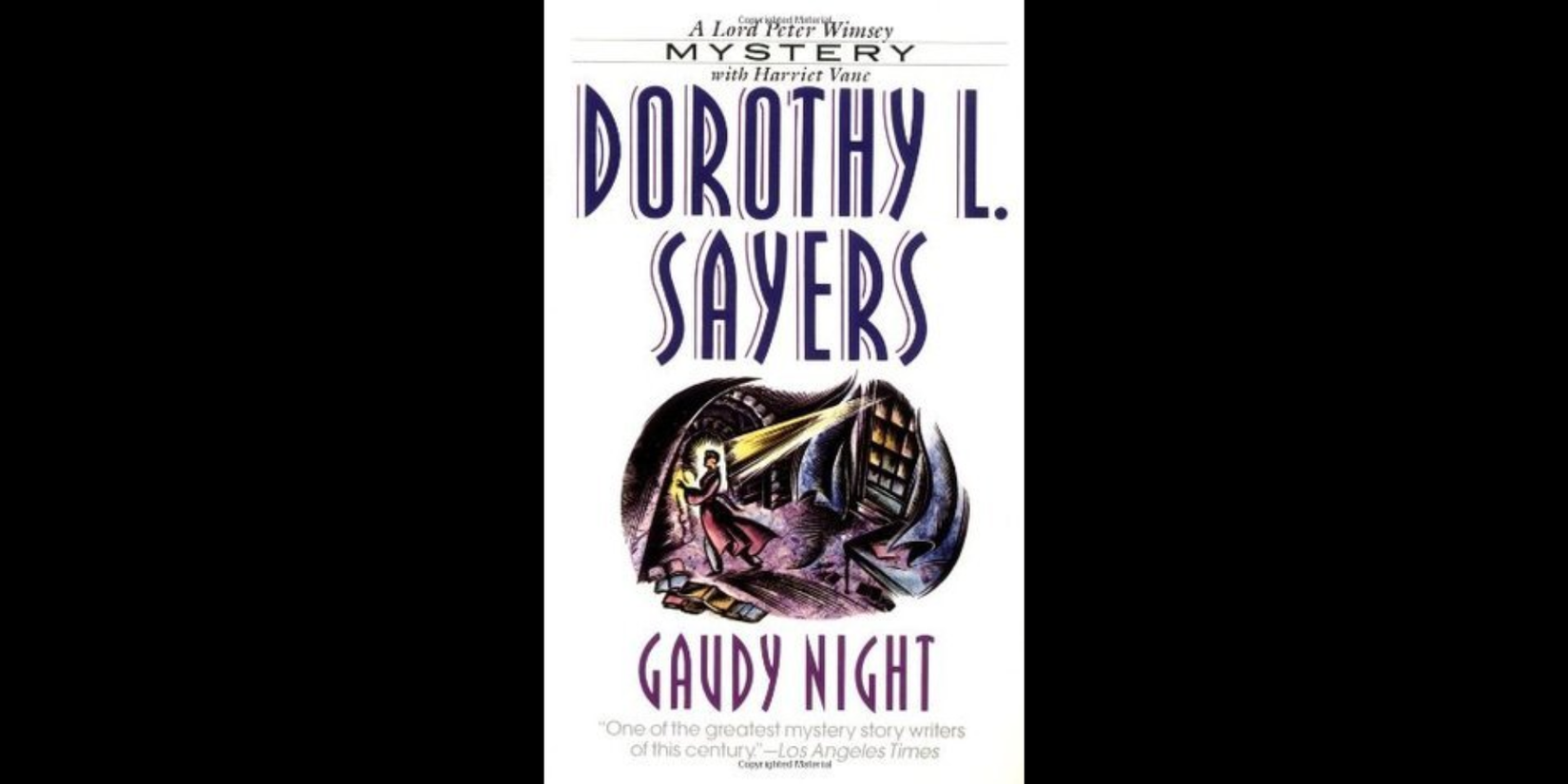 Cover of Dorothy L. Sayers' Gaudy Night, featuring the title and author's name in large purple lettering above a circular illustration of a woman holding a lantern inside a dimly lit library or academic building.