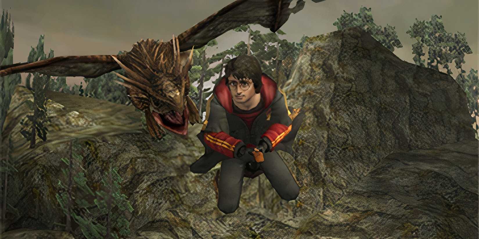 Harry flies on a broomstick away from a dragon in the 'Harry Potter and the Goblet of Fire' video game