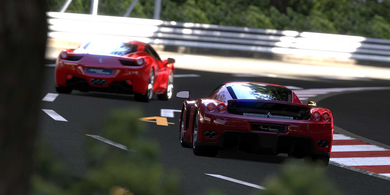 Two red cars racing on a racetrack in 'Gran Turismo 5'