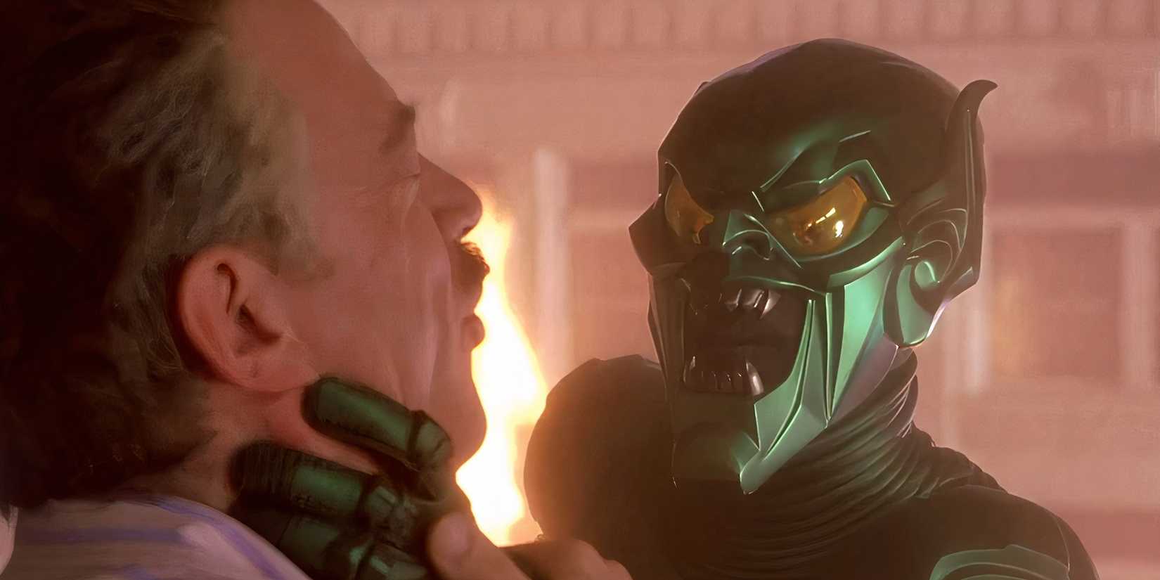 Green Goblin holding J. Jonah Jameson up by the neck in Spider-Man (2002)