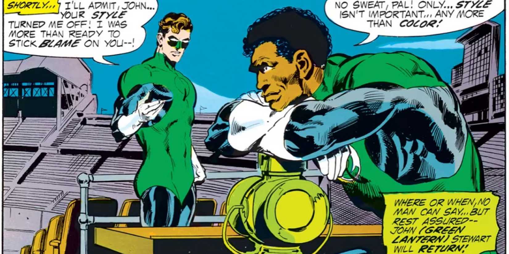 Hal Jordan speaks with John Stewart in Green Lantern #87