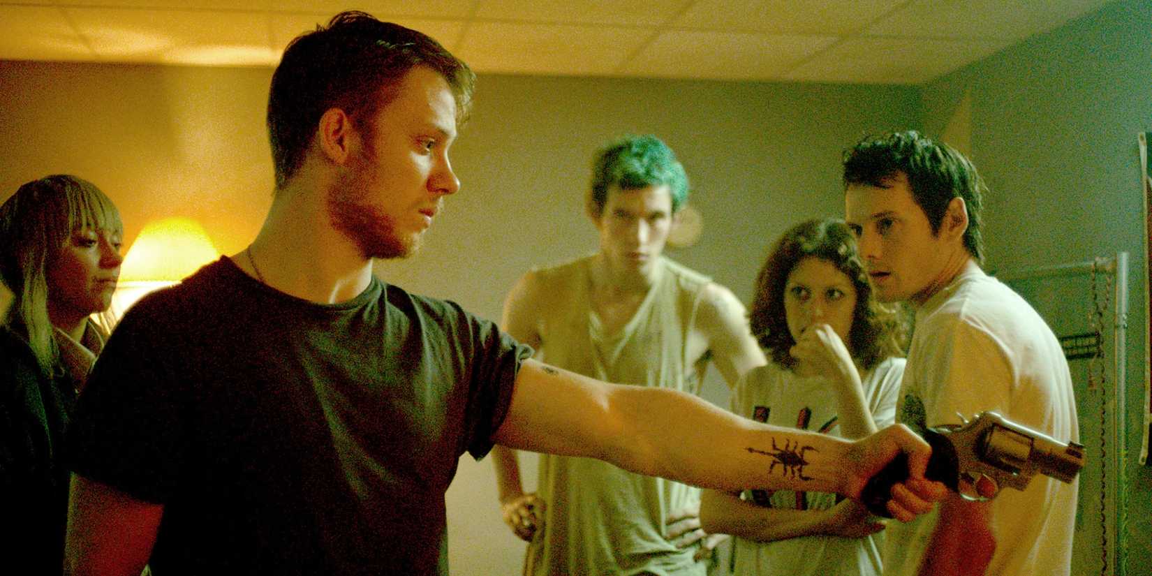 Imogen Poots as Amber, Joe Cole as Reece, Callum Turner as Tiger, Alia Shawkat as Sam, and Anton Yelchin as Pat in 'Green Room.'