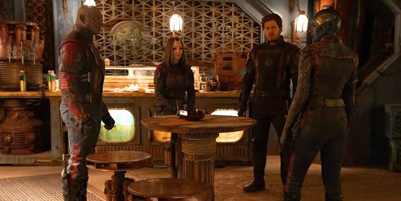Drax, Mantis, Starlord, and Nebula standing together in 'Guardians of the Galaxy Vol. 3'