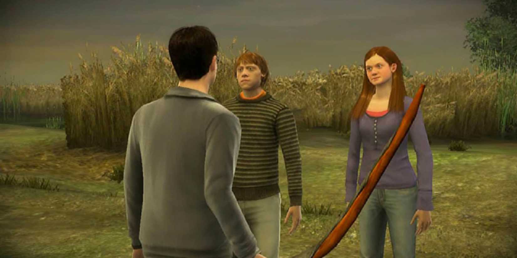 Harry talks to Ron and Ginny at the Burrow, with a broomstick in his hand in the video game 'Harry potter and the Half-Blood Prince'
