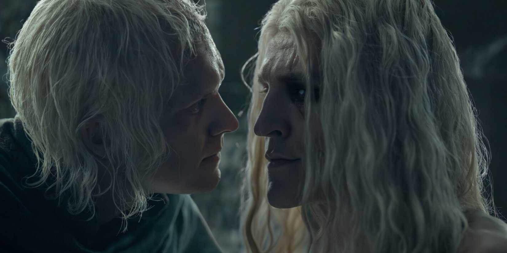 Aegon (Tom Glynn-Carney) confronting Aemond (Ewan Mitchell) in Harrenhal in House of the Dragon Season 3