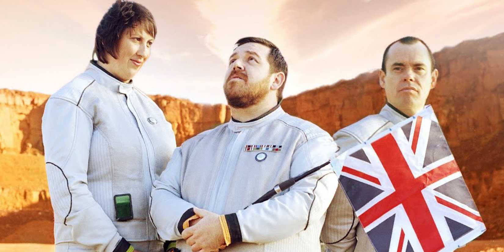 Miranda Hart as Chloe Teal, Nick Frost as Michael Henderson, Kevin Eldon as Eduardo York in Hyperdrive.