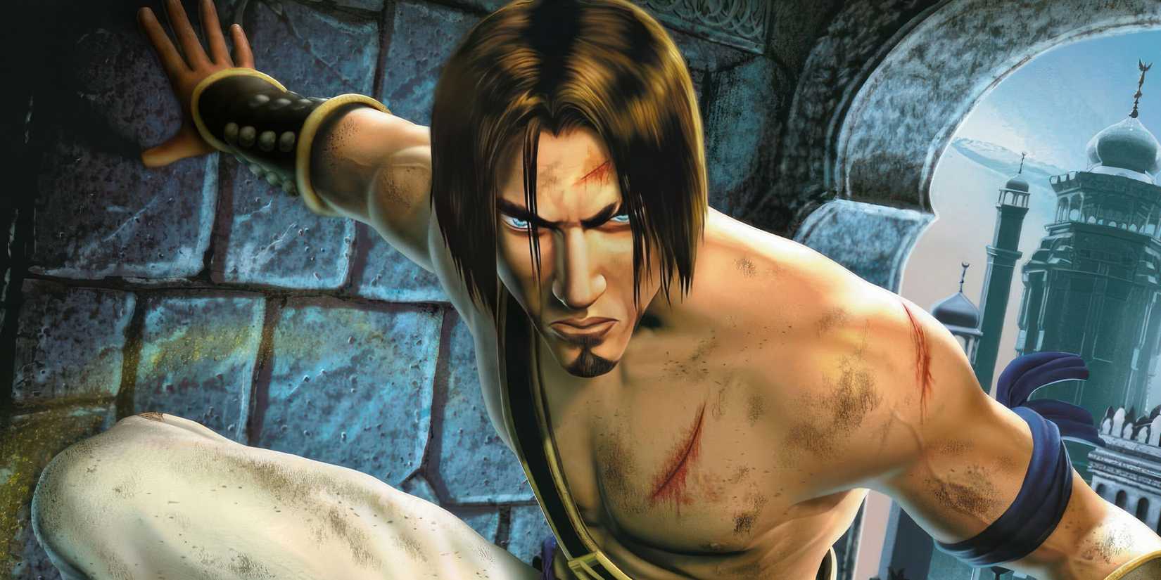 The Prince crouches defensively against a stone wall in promotional artwork for Prince of Persia: The Sands of Time