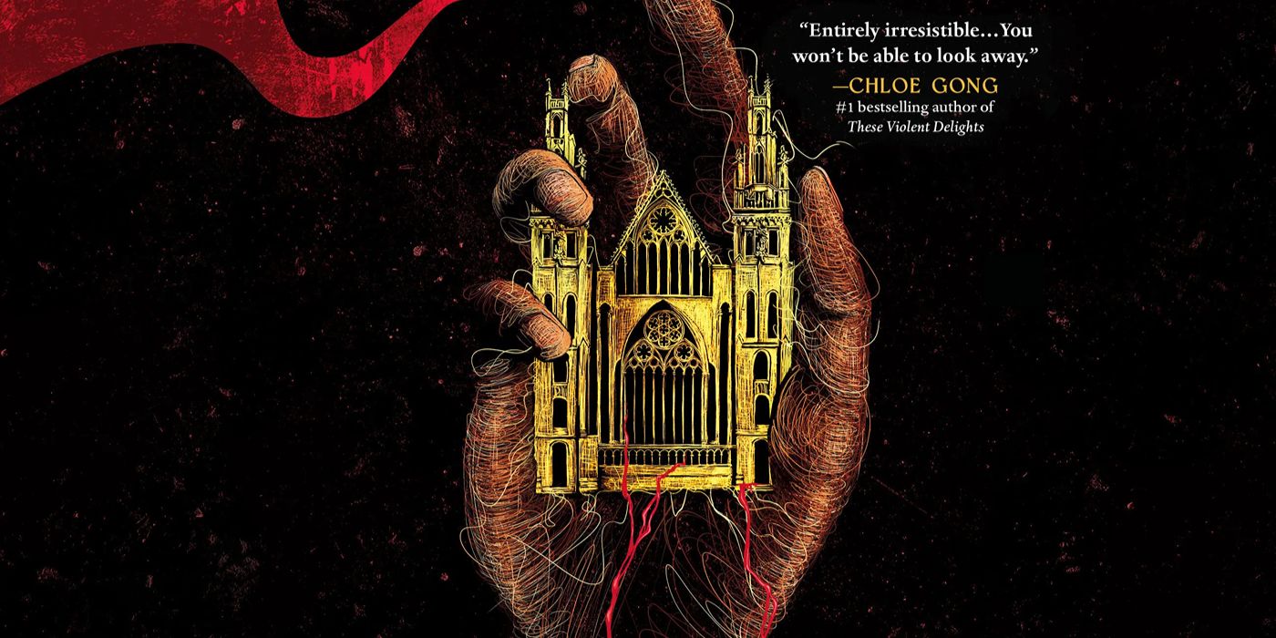 A hand holding a small golden building on the cover of Immortal Dark