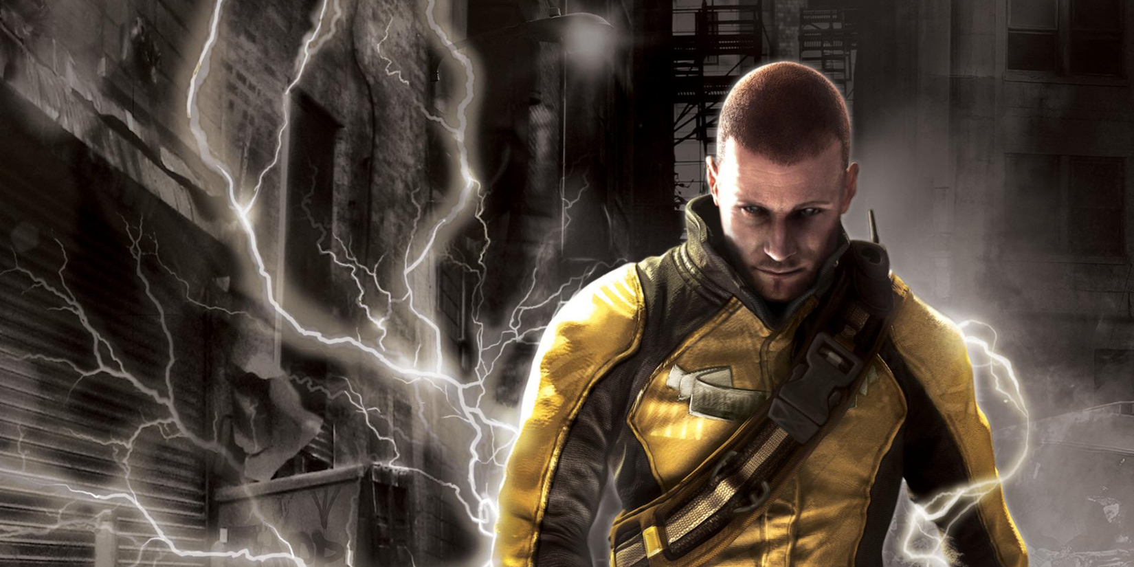 Cole McGrath wearing a yellow jacket and surrounded in lightning on the cover art for 'InFamous' (2009)