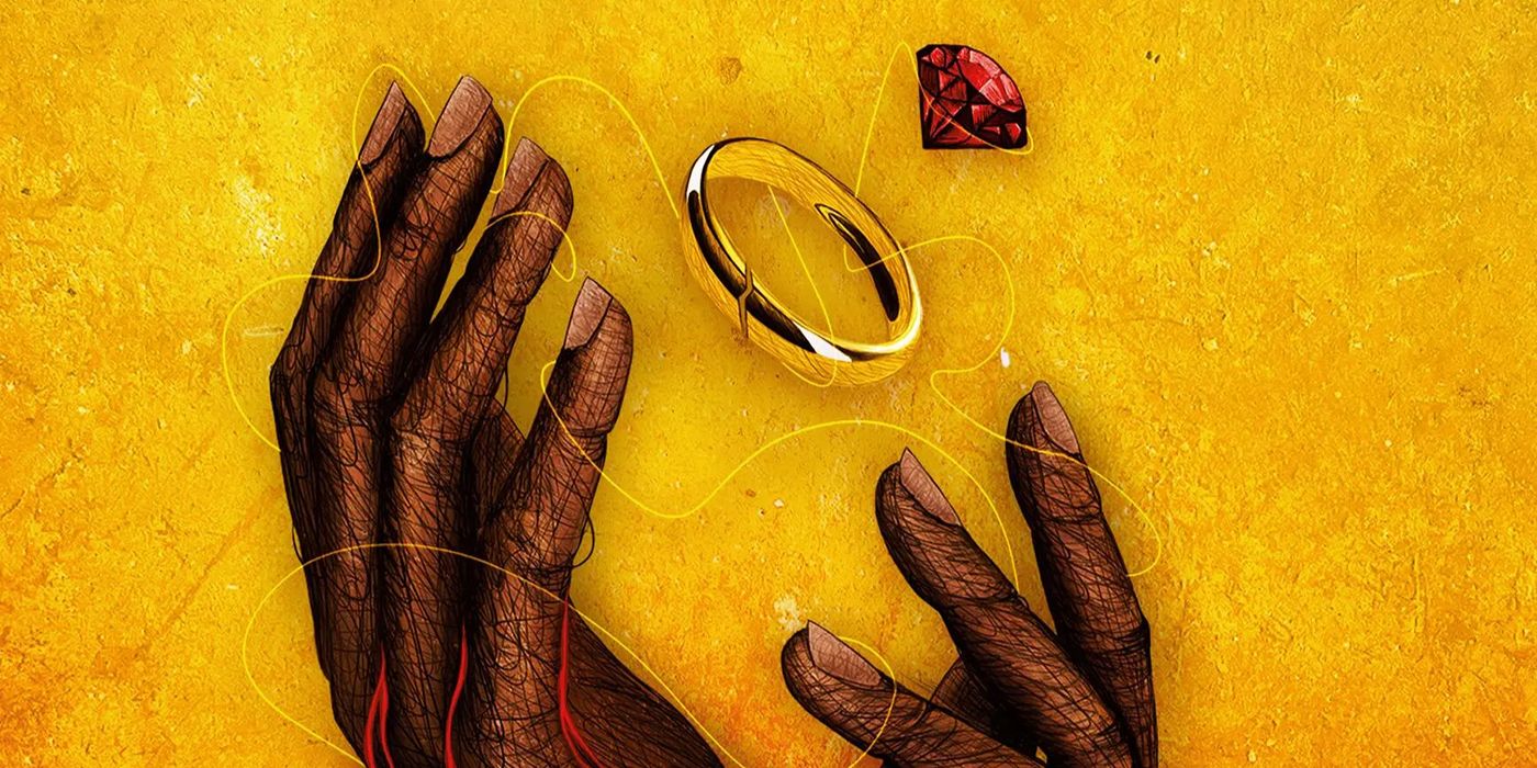Two hands reaching up toward a golden ring a red jewel on the cover of Infernal Vow