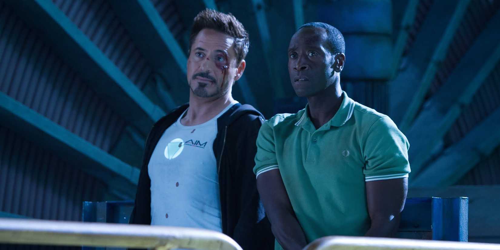 Tony Stark (Robert Downey Jr.) and Rhodey (Don Cheadle) in 'Iron Man 3'