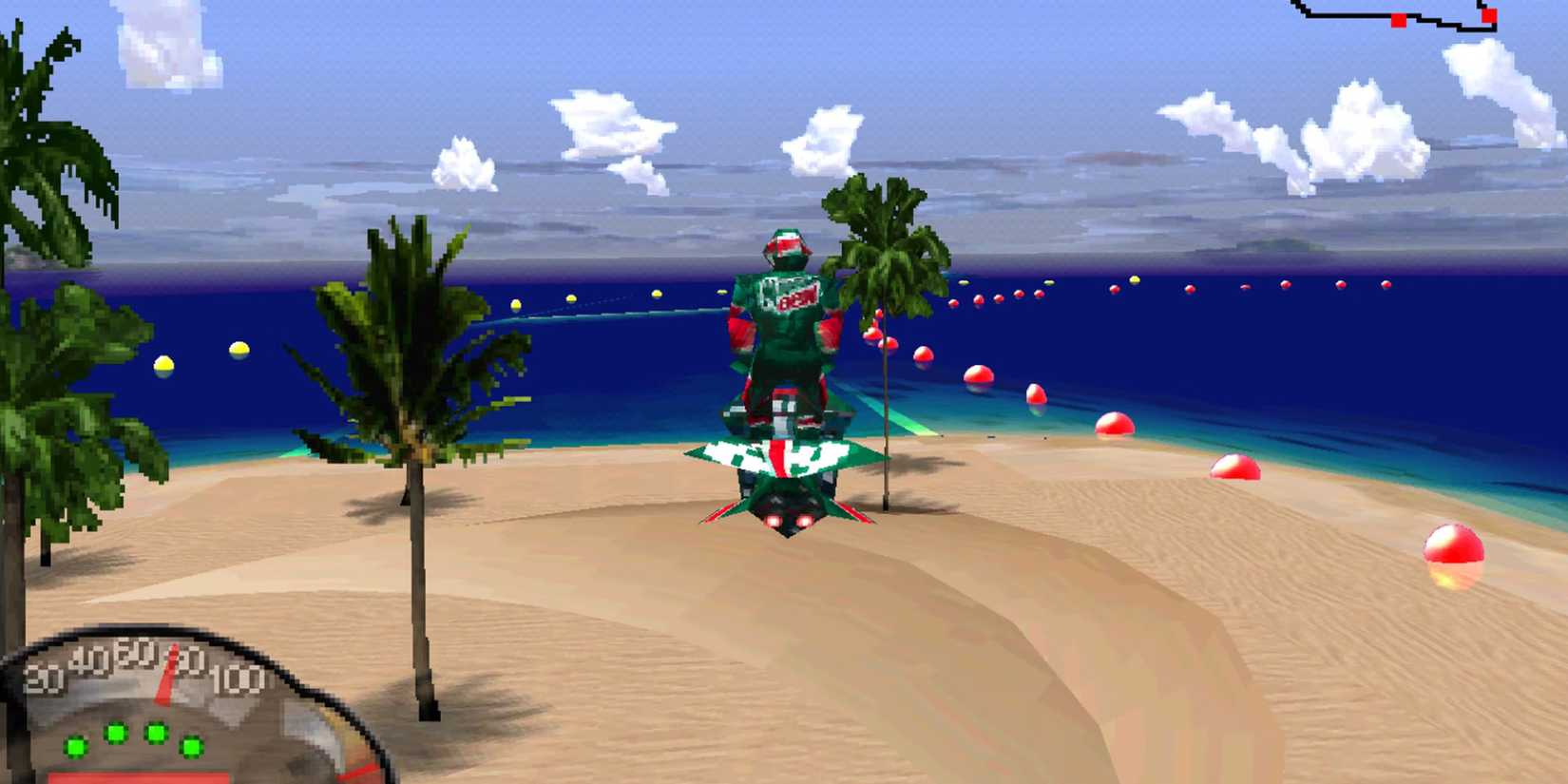 A biker driving a hoverbike mid-jump while on the beach and wearing a Mountain Dew outfit in 'Jet Moto'