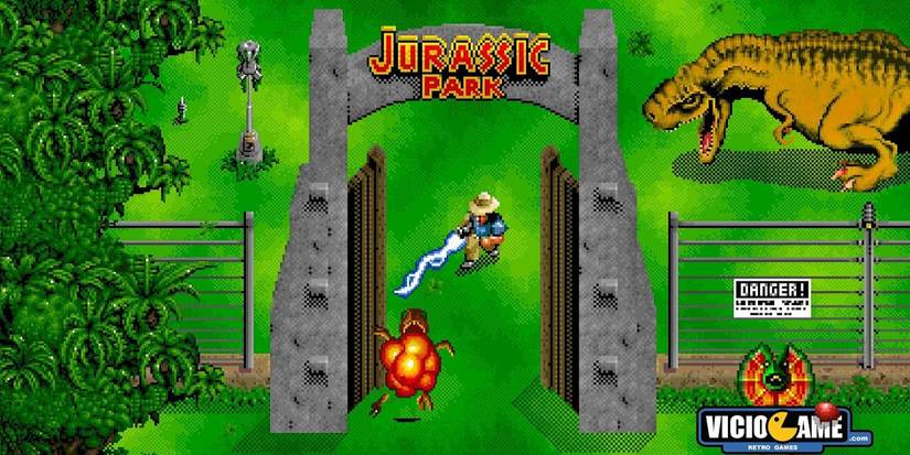 A top-down pixelated screenshot from the game Jurassic Park (SNES) showing a player shooting a dinosaur by the park gates