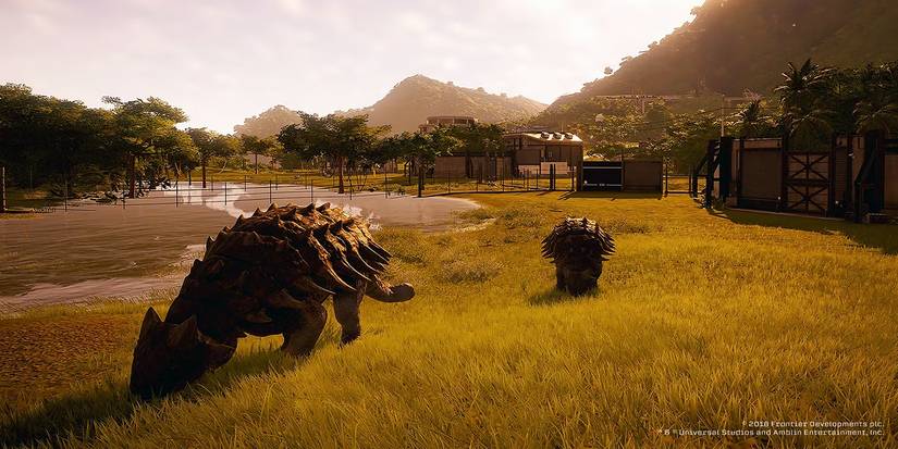 Two Ankylosaurus dinosaurs graze in a grassy field